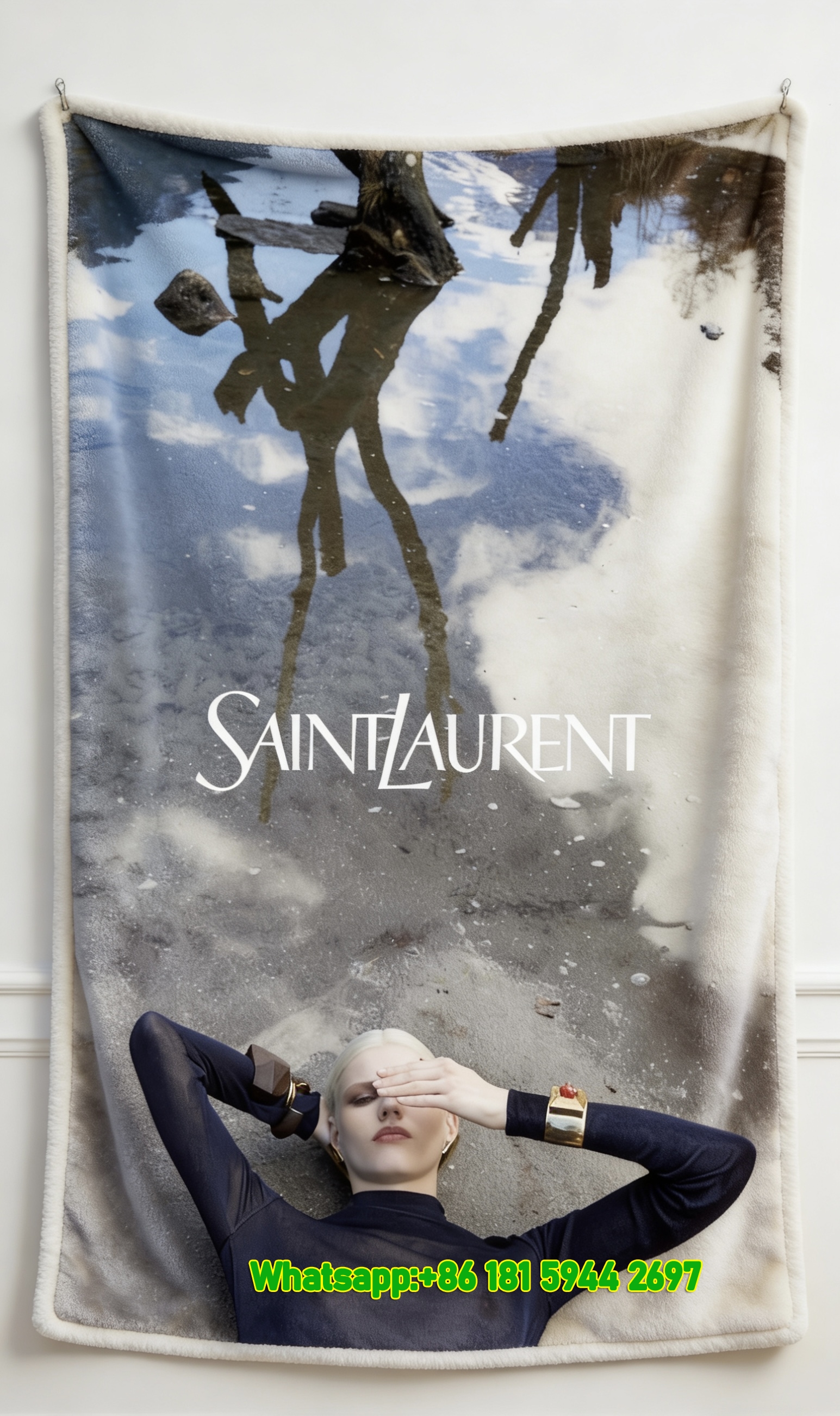 Yves Saint Laurent YSL Nature Reflection Print Navy Blue Grey Gold Flannel Throw Blanket Luxury Designer Printed Sofa Cover Blanket IMG_3306
